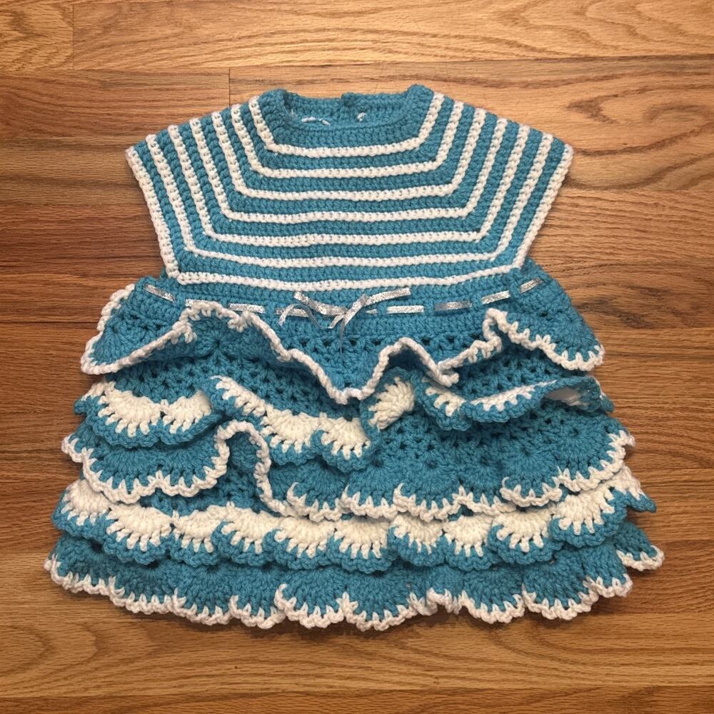 Vintage Handmade Toddler Baby Girl Crochet Dress 2/3T Teal And white